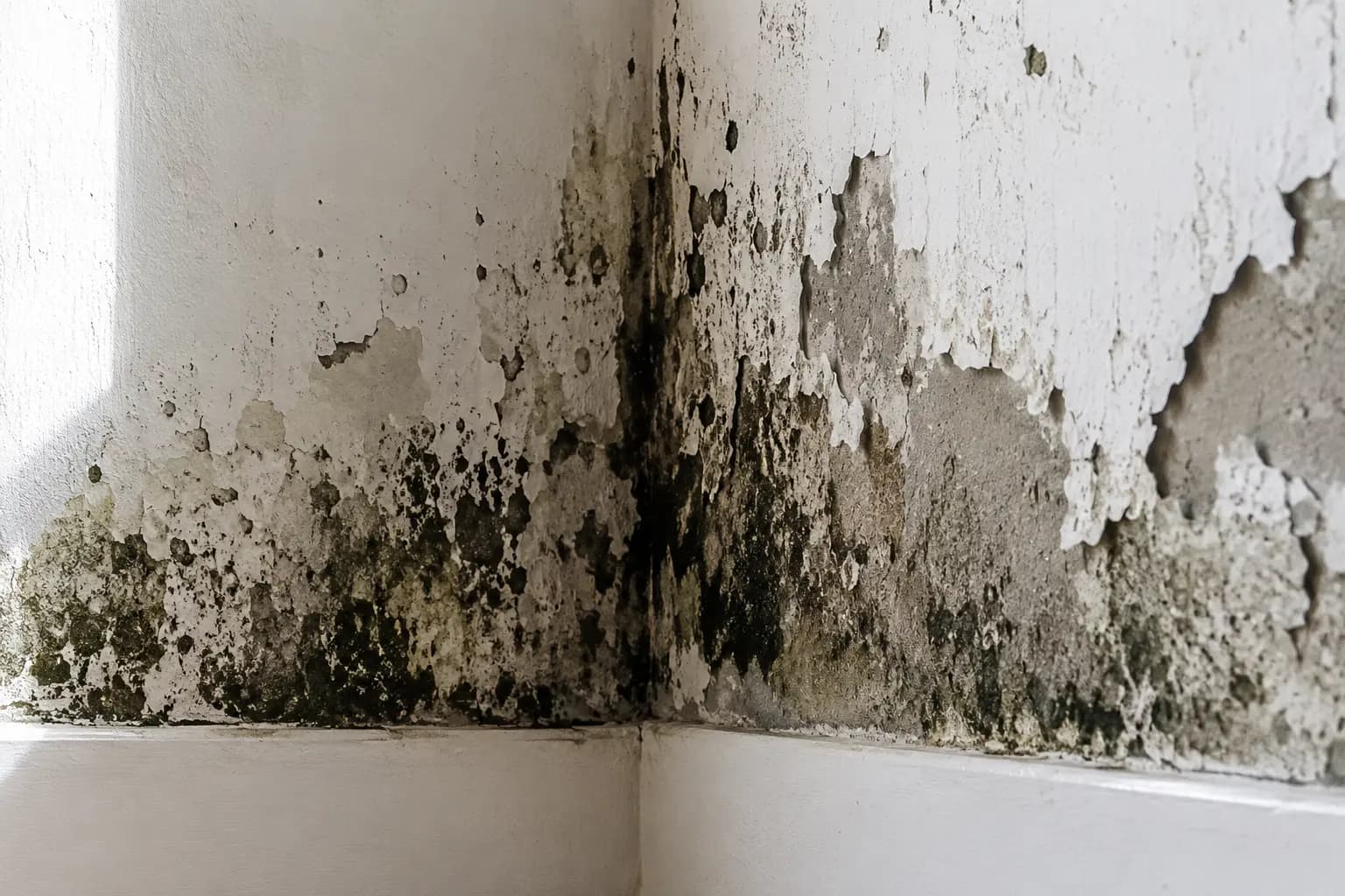 Esquina de pared interior con humedad, hongo negro y pintura levantada